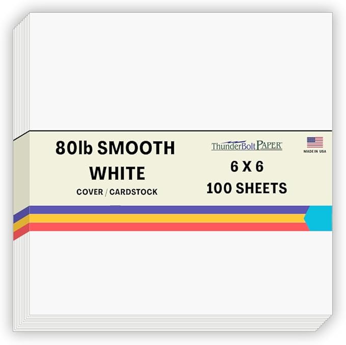 100 Bright White Smooth 80# Card Paper Sheets - 6" X 6" (6X6 Inches) Square Album Picture Frame Size - 80 lb/Pound Cover Weight - Quality Paper - Consistency in Print - Smooth Finish