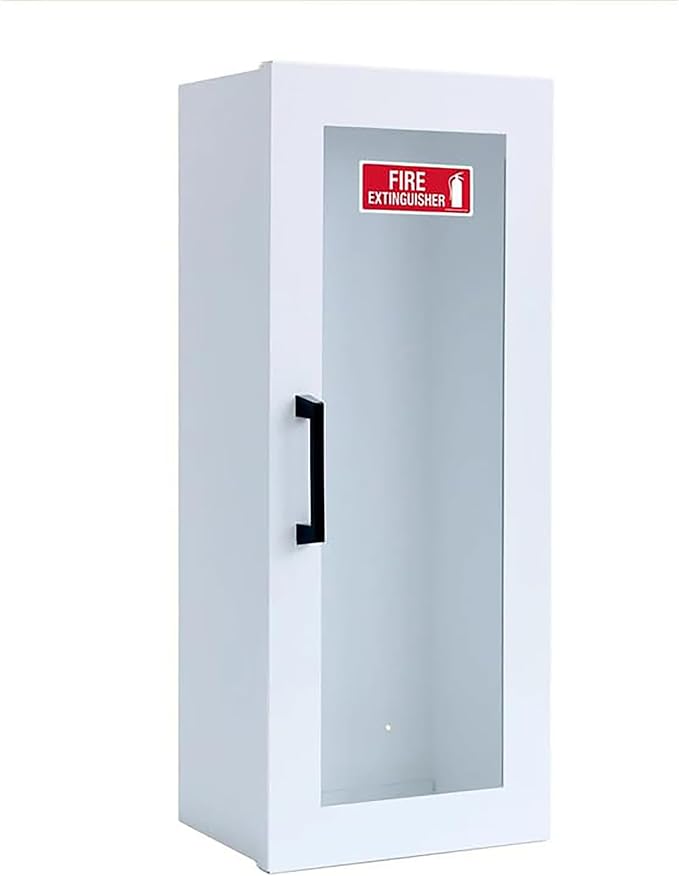 Fire Extinguisher Mount - White Cabinet with Door - 22 Gauge Steel, Powdercoat Finish, Metal Handle, Universal Wall Mountability - 5 -10 lb. Capacity - Made in USA - Extinguisher Not Included