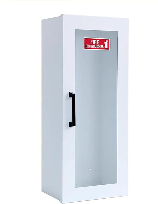 Fire Extinguisher Mount - White Cabinet with Door - 22 Gauge Steel, Powdercoat Finish, Metal Handle, Universal Wall Mountability - 5 -10 lb. Capacity - Made in USA - Extinguisher Not Included