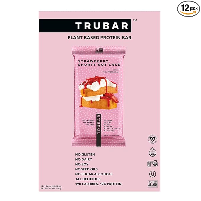 TRUBAR Vegan Protein Bar, Strawberry Shorty Got Cake, Gluten Free, Plant Based Protein, Dairy Free, Non GMO, Soy Free, No Sugar Alcohols, 12G Protein, 12G Fiber, 23G Carb, On the Go Snack Bars, 12 CT