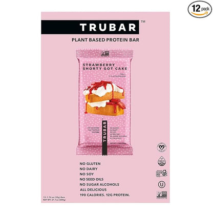 TRUBAR Vegan Protein Bar, Strawberry Shorty Got Cake, Gluten Free, Plant Based Protein, Dairy Free, Non GMO, Soy Free, No Sugar Alcohols, 12G Protein, 12G Fiber, 23G Carb, On the Go Snack Bars, 12 CT