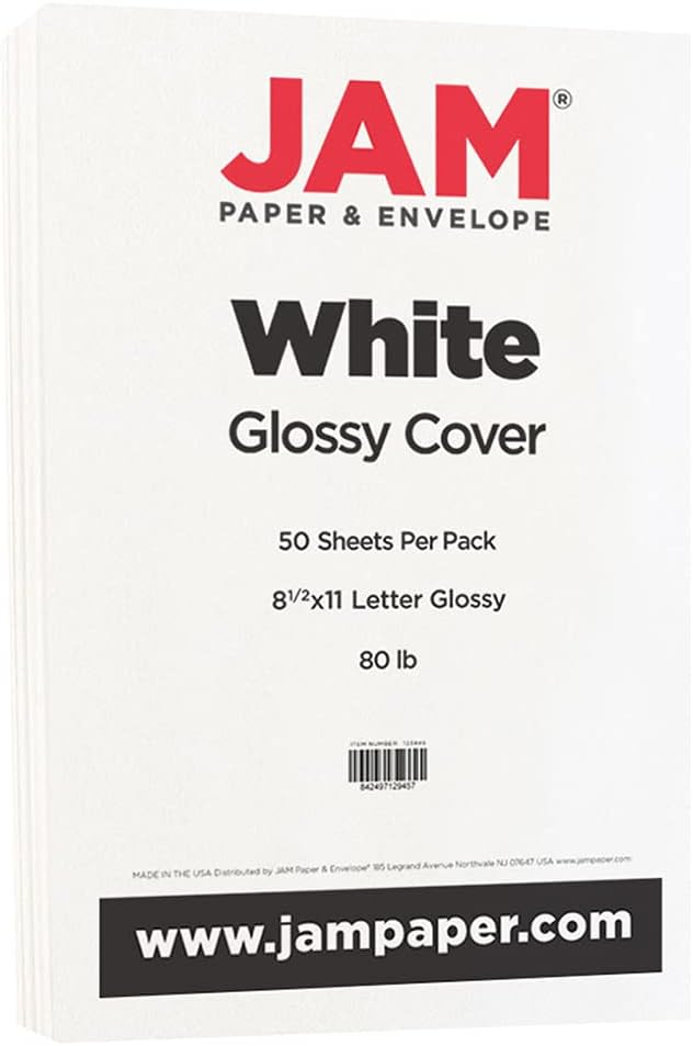 JAM PAPER Colored 80lb Cardstock - Glossy 2 Sided - 8.5 x 11 Coverstock - 216 gsm - White - 50 Sheets/Pack