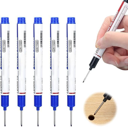 5PCS Long Head Deep Hole Marker Pens, 20mm Deep Reach Markers, Long Nose Marker, Waterproof Construction Markers Marking Tool, Permanent Markers Carpenter Ink Marker Pens, Metal Marking Pen (Blue)