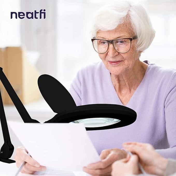 Neatfi Elite Super LED Magnifying Lamp with Clamp, 6” Glass Lens, Dual Magnification, 5D/12D, 6500K, Glare-Free, Nonpolar Dimming, Lamp for Reading, Sewing, Crafting (6 Inch Lens, Black)