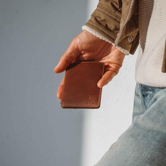CLOUD Wallet Slim Minimalist — Magnetic Closure, Lightweight Design, Quick Access Pull Tab - Top Grain Leather Front Pocket Wallet (Brown)