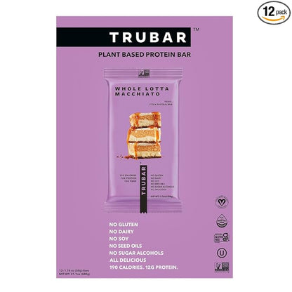 TRUBAR Vegan Protein Bar, Whole Lotta Macchiato, Gluten Free, Plant Based Protein, Dairy Free, Non GMO, Soy Free, No Sugar Alcohols, 12G Protein, 12G Fiber, 23G Carb, On the Go Snack Bars, 12 CT