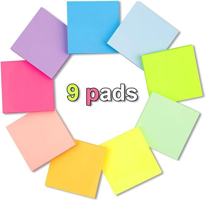 (9 Pads) Pop Up Sticky Notes 3x3 in Accordion Stickies Super Sticking Power Memo Pads Bright Colors