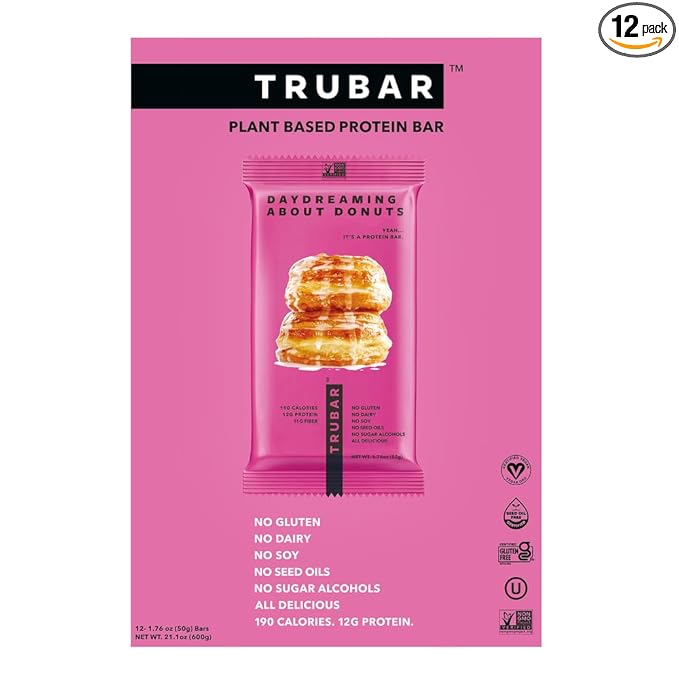 TRUBAR Vegan Protein Bar, Daydreaming About Donuts, Gluten Free, Plant Based, High Fiber, Dairy Free, Non GMO, Low Fat, No Sugar Alcohols, 12G Lean Protein, 13G Fiber, Healthy Snack Bars, 12 CT