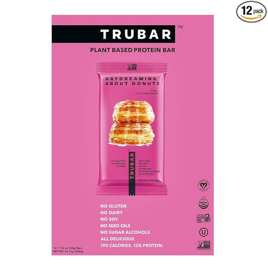 TRUBAR Vegan Protein Bar, Daydreaming About Donuts, Gluten Free, Plant Based, High Fiber, Dairy Free, Non GMO, Low Fat, No Sugar Alcohols, 12G Lean Protein, 13G Fiber, Healthy Snack Bars, 12 CT
