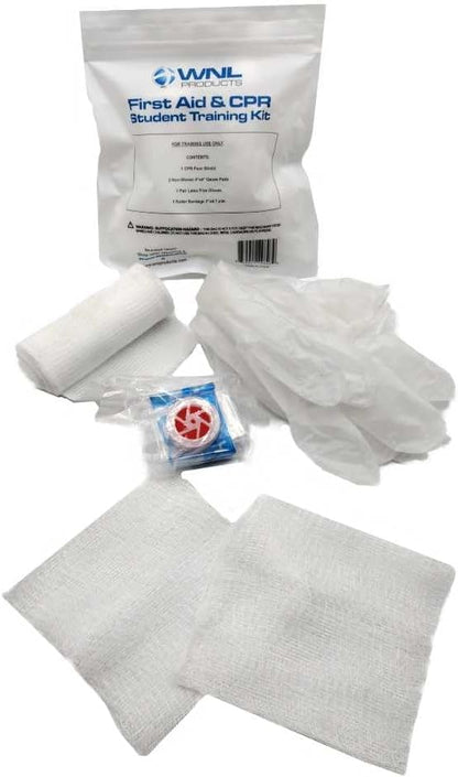 WNL Products 1402SF 100 Pack First Aid & CPR Training Kits for Students, Includes CPR Training Face Shield, Guaze Pads, Latex-Free Gloves & Bandages, 100 Pack