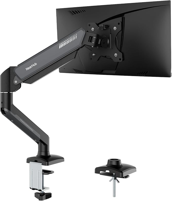 NearHub Single Monitor Mount Arm for 13-32" Up 22 lbs Screens | VESA 75x75/100x100 | Clamp/Grommet Base | Cable Management | Space Saving Desk Setup,180° Swivel, Tilt +90° to -45°, 360°Rotation