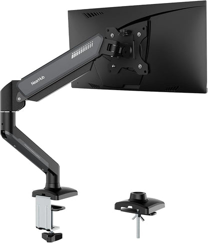 NearHub Single Monitor Mount Arm for 13-32" Up 22 lbs Screens | VESA 75x75/100x100 | Clamp/Grommet Base | Cable Management | Space Saving Desk Setup,180° Swivel, Tilt +90° to -45°, 360°Rotation