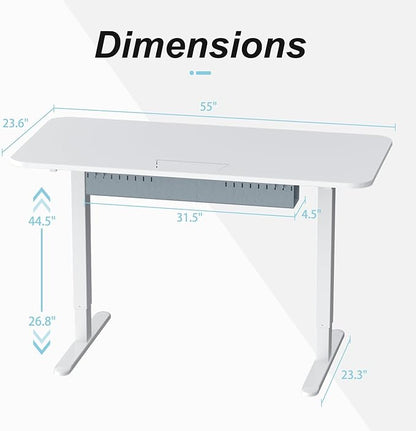Standing Desk with Cable Management Tray, 55"x24" Electric Height Adjustable Sit Stand Desk, Memory Presets, Anti-Collision, Workstation for Home Office, White Top White Frame