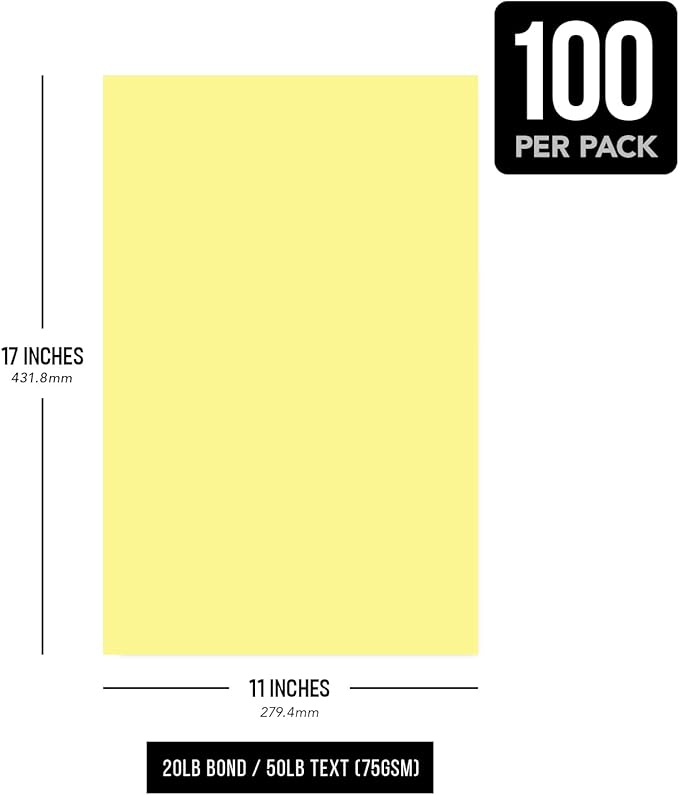 Canary Pastel Colored Paper - Perfect for Documents, Invitations, Posters, Flyers, Menus, Arts and Crafts | 11" x 17" | Regular 20lb Bond (75gsm) Paper - Smooth Finish | Bulk Pack of 100 Sheets