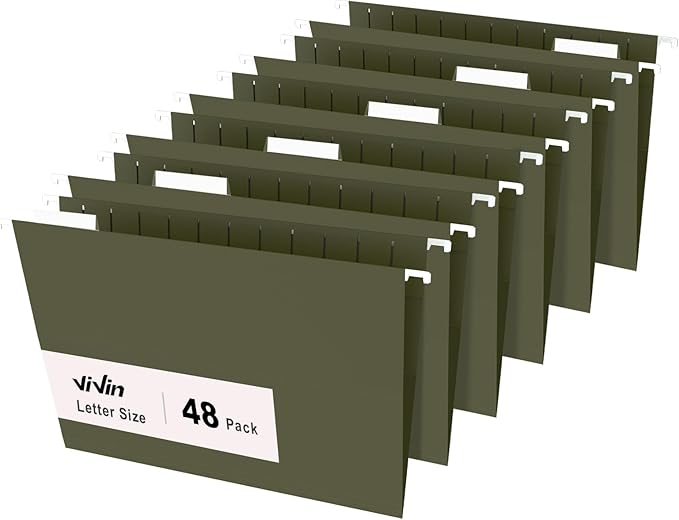 ViVin Hanging File Folders, 1/5-Cut Adjustable Tabs with 48 Per Box, 2 Inch Expansion, 48 Pack Letter Size Hanging File Folders, Designed for Office Home School Filing Cabinet(Green)