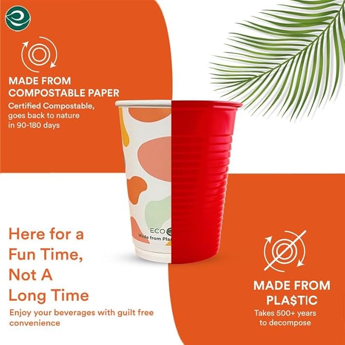 ECO SOUL 16 Oz Disposable Paper Cups,Hot/Cold Beverage Paper Drinking Cups, Leakproof Printed Cups for Cafe, Office, Party (50)