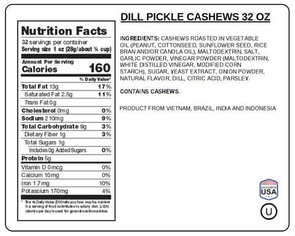 Dill Pickle Cashews 2 Pounds Resealable Pouch | Gourmet Roasted Cashews – Tangy, Savory, and Crunchy Snack – High-Protein, Vegan Friendly – Perfect for Snacking, Gifting, and Meal Prep | Jaybee's Nuts