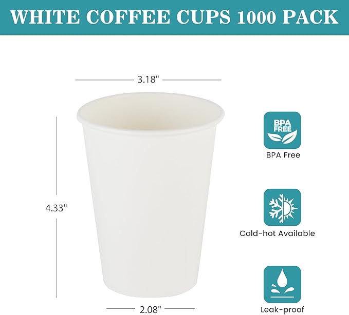 Coffee Cups - 1000 Pack Paper Cups 10 oz, Disposable Paper Coffee Cup for Hot and Cold Drink, White Paper Coffe Cup, Hot Cups Bulk for Office, Party, Home, Travel, Cafes, Bathroom