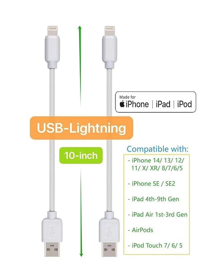 10-Pack Multi Short USB Cables & TypeC-C Cables for Charging Stations Compatible/w iPhone17,16,15, iPhone5-14/ iPads/iPad mini/iPad Pros/Samsung Moblies & Tablets/Pixel & Nexus/HTC/Sony(White)