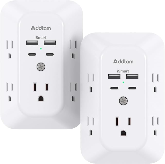 2 Pack Surge Protector Outlet Extender - Addtam 5-Outlet Splitter with 4 USB Wall Charger(2 USB-C Ports), Multi Plug Outlet Power Strip for Home, Dorm Room Essentials