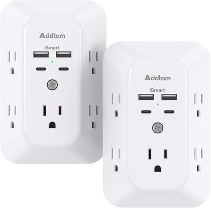 2 Pack Surge Protector Outlet Extender - Addtam 5-Outlet Splitter with 4 USB Wall Charger(2 USB-C Ports), Multi Plug Outlet Power Strip for Home, Dorm Room Essentials