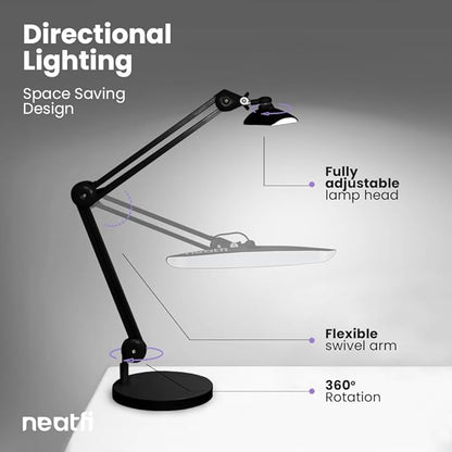Neatfi XL LED Desk Lamp with Base, 2200 Lumens, 24W, 20-Inch Wide Head, Dimmable 4 Brightness Levels, Task Light for Home Office, Crafts, Workbench (Non-CCT, Black)