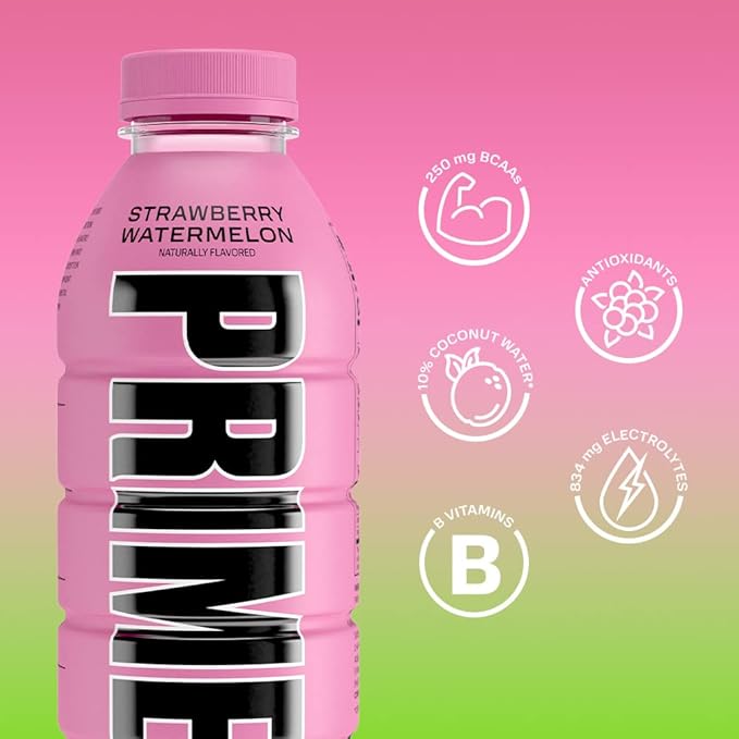 PRIME Hydration STRAWBERRY WATERMELON, Sports Drinks, Electrolyte Enhanced for Replsnishing Fluids, 250mg BCAAs, B Vitamins, Antioxidants, Low Sugar, 16.9 Fl Oz, 12 Pack