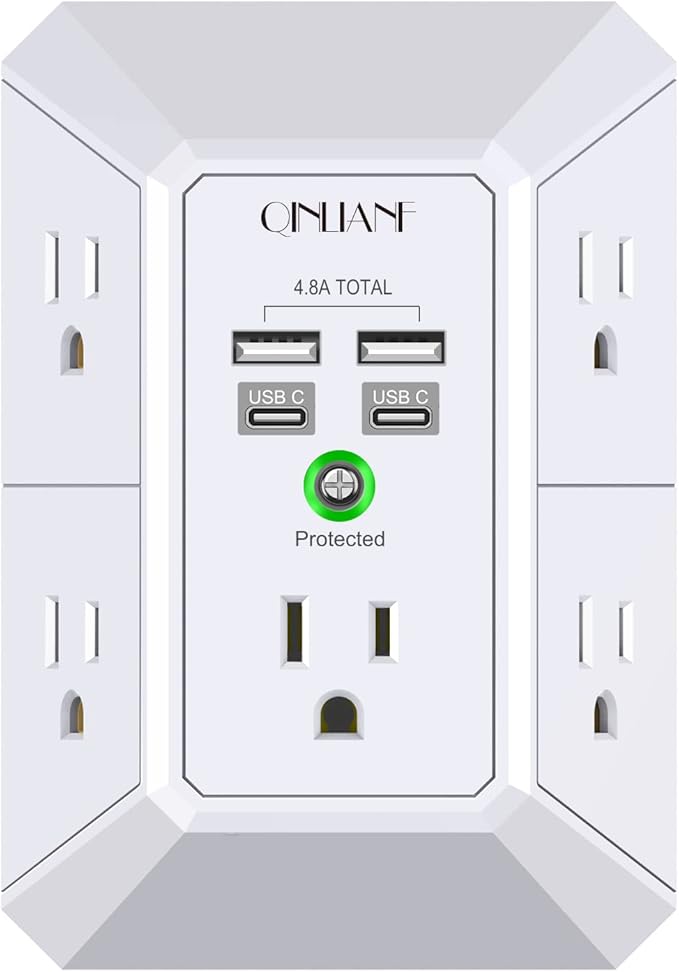 USB Wall Charger, Surge Protector, QINLIANF 5 Outlet Extender with 4 USB Charging Ports(2U2C) 3-Sided 1680J Power Strip Multi Plug Outlets Wall Adapter Spaced for Home Travel Office, White