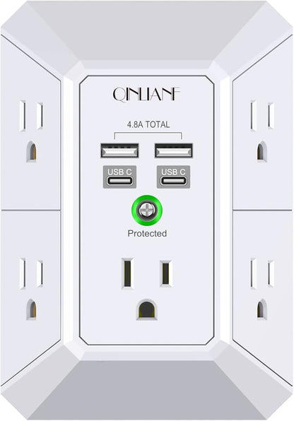 USB Wall Charger, Surge Protector, QINLIANF 5 Outlet Extender with 4 USB Charging Ports(2U2C) 3-Sided 1680J Power Strip Multi Plug Outlets Wall Adapter Spaced for Home Travel Office, White