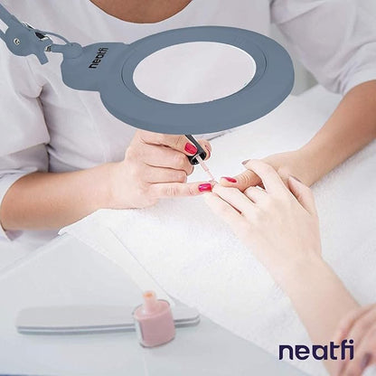 Neatfi XL Bifocal LED Magnifying Lamp – 7-Inch Acrylic Lens, 2.25x & 6X Magnification, 1,600 Lumens, Dimmable LED, Adjustable Arm, Hands-Free Close Work (Gray, with Clamp)