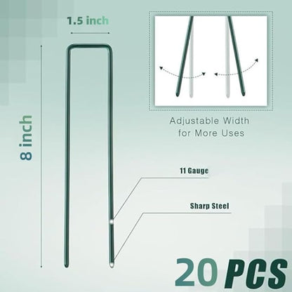 8 inch 20 Pack Green Galvanized Landscape Staples 11 Gauge Garden Stakes Pins Anti-Rust Ground Stakes U-Shaped Tent Stakes are Used for Weed Barrier, Irrigation Tubing, Yard Lawn, Landscape Fabric