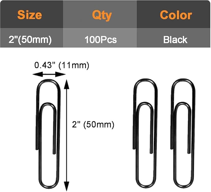 Vinaco Paper Clips Black, 100 Pack Large Paper Clips 2 Inch (50 mm), Durable & Rust Resistant, Jumbo Paperclips. Great for Office, School and Personal Use (Black)