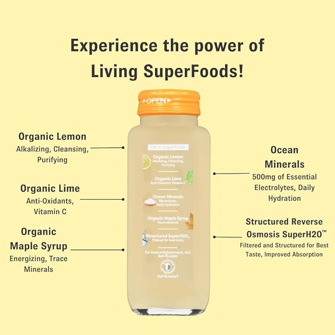Organic Lemon Lime Electrolytes SuperAde Drink, Effective Hydration, SuperFood Lemonade by Sol-ti, Cold-Pressed Juice Blend, 16 Pack (14.9 Fl oz)