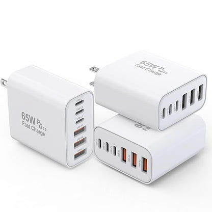 3 Pack 65W GaN Type C Wall Charger Block,6-Port Fast Charging Block,PD USB C Plug Adapter+QC Plug Compatible with Apple iPhone 17/17 Air/16E/16Pro Max/16Plus/16/15/14/13/12/11/XS Max,iPad Pro,AirPods
