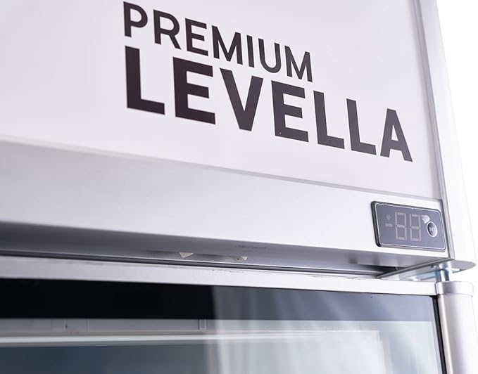 PremiumLevella PRN290DX Glass Door Display Refrigerator 29 cu ft Commercial Beverage Cooler Merchandiser With Customizable Lightbox - Silver