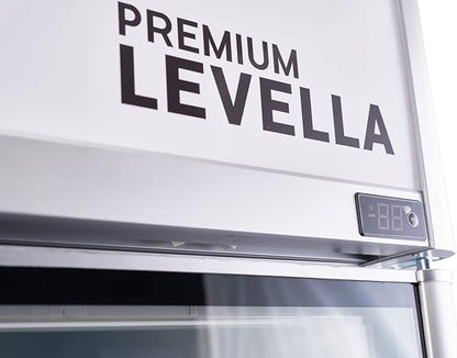 PremiumLevella PRN290DX Glass Door Display Refrigerator 29 cu ft Commercial Beverage Cooler Merchandiser With Customizable Lightbox - Silver