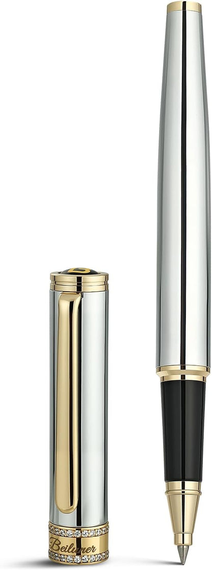 BEILUNER Silver Chrome Rollerball Pen, Diamond-Studded Cap Design, 24K Gold Trim, Noble and Elegant, Schneider Ink Refill, Best Pen Gift Set for Women & Men, Professional, Business Office, Nice Pens