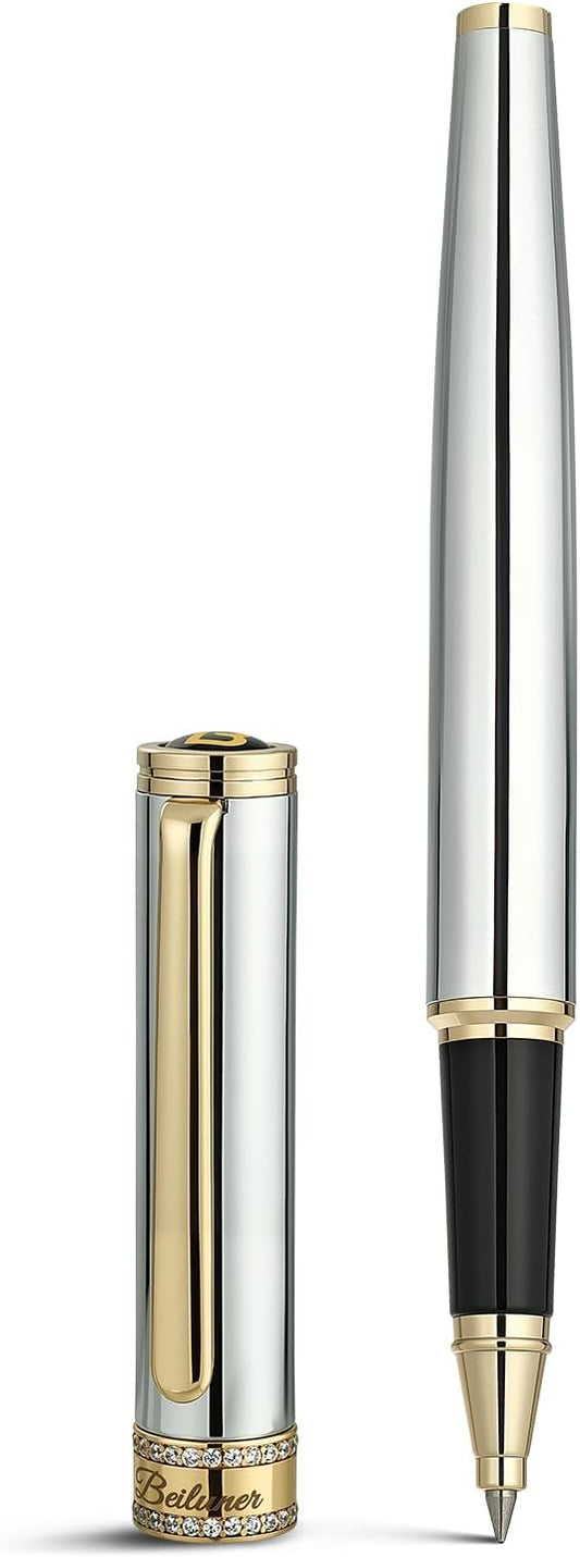 BEILUNER Silver Chrome Rollerball Pen, Diamond-Studded Cap Design, 24K Gold Trim, Noble and Elegant, Schneider Ink Refill, Best Pen Gift Set for Women & Men, Professional, Business Office, Nice Pens