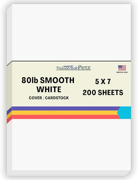 200 Bright White Smooth Card Paper Sheets - 5" X 7" (5X7 Inches) Photo|Card|Frame Size - 80# (80 lb/pound) Cover Weight - Quality Paper for Consistency in Print as a Result of the Smooth Finish