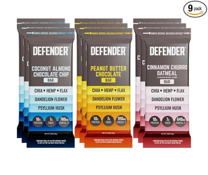 Defender Vegan Protein Bar, Variety Pack, Plant Based Snack Breakfast Bars, Psyllium Husk, Dandelion Root, High Fiber, Non GMO, Kosher, No Stevia & Sugar Alcohols, 9 Bars, Holiday Gift Item, Stocking Stuffer