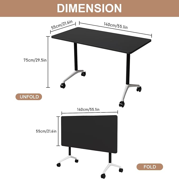 Folding Conference Table, Conference Room Tables Foldable Large Meeting Seminar Table on Wheels,Flip Top Boardroom Training Tables for Office, Classroom,Meeting (2, Black, 55.1in)