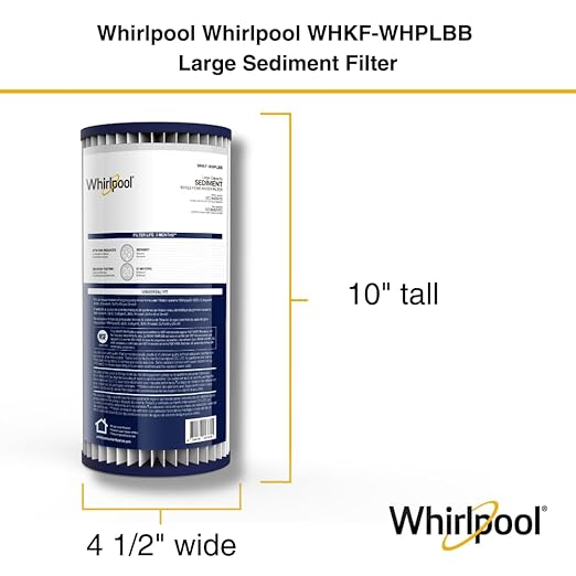 Whirlpool WHKF-WHPLBB Whole House Large Capacity Pleated Sediment Filter, Upgraded 20 Micron Reduces Sand, Soil, Silt & Rust, Fits 4.5" Diameter Standard Home Water Filter Housings