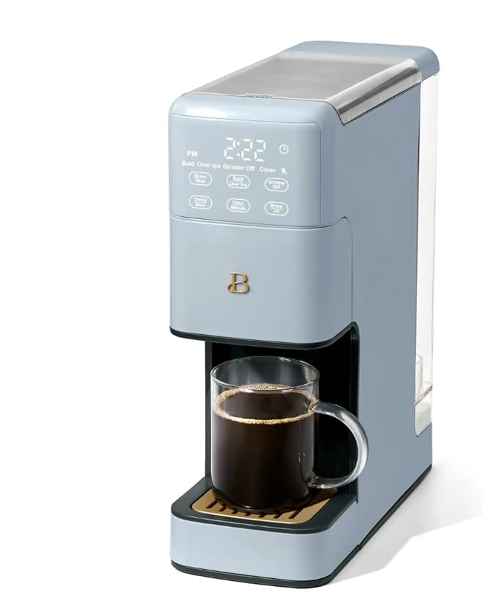 Beautiful Single Serve Coffee Maker with Built-In Burr Grinder, Hot or Iced, Pod-Free, 6 Brew Sizes, 3 Strengths, Touch Display, Reusable Filter, 64oz Reservoir, Slim Design (Cornflower Blue)