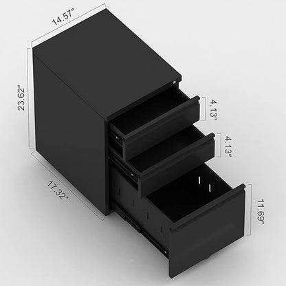 SUXXAN 3 Drawers Metal Filing Cabinet with Wheels, Steel Rolling Mobile File Cabinets Under Desk for Home Office, Wheels Need to Assemble, Black