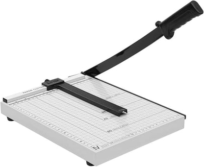 12-Inch Heavy Duty Guillotine Paper Cutter, 12 Sheet Capacity, Self-Sharpening Blade & Safety Lock, Paper Trimmer for Cardstock, Photos, Craft Paper for Office, School, Home Use (White)