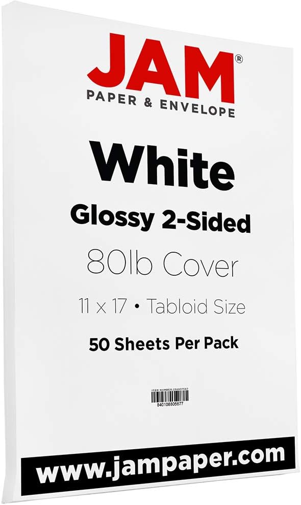 JAM PAPER Tabloid 80lb Cardstock - Glossy 2-Sided - 11 x 17 Coverstock - 216 GSM - White - 50 Sheets/Pack