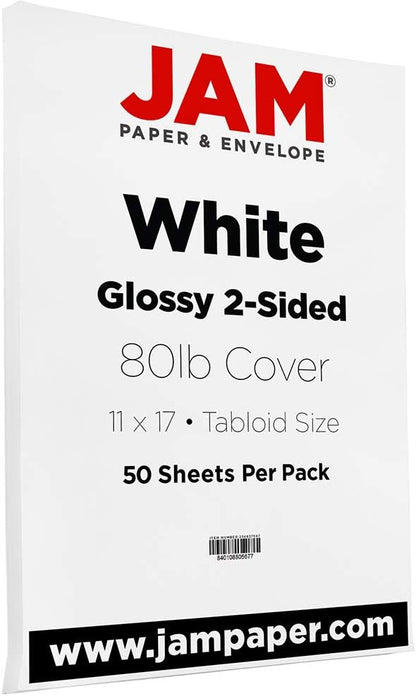 JAM PAPER Tabloid 80lb Cardstock - Glossy 2-Sided - 11 x 17 Coverstock - 216 GSM - White - 50 Sheets/Pack