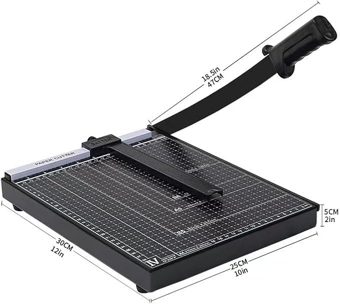 12-Inch Heavy Duty Guillotine Paper Cutter - 12 Sheet Capacity, Self-Sharpening Blade & Safety Lock, Paper Trimmer for Cardstock, Photos, Craft Paper for Office, School, Home Use (Black)