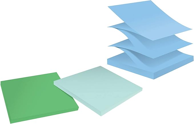 Post-it 100% Recycled Paper Super Sticky Pop-up Notes, 2X The Sticking Power, 3x3 in, 6 Pads, 70 Sheets/Pad, Oasis Collection (R330R-6SST)