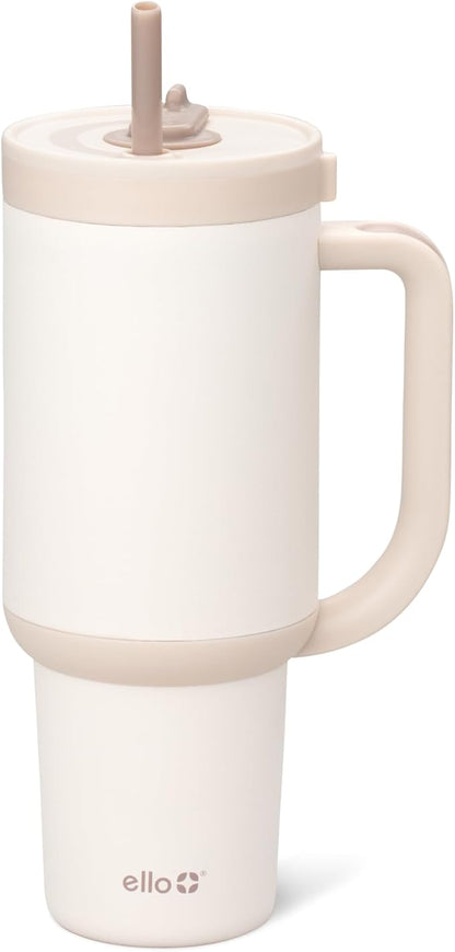 Ello Oasis 30 oz Tumbler with Handle & Retracting Straw | Reusable Insulated Stainless Steel Cup 100% Leakproof, Gifts for Teens Women Men | Keeps cold for 24 Hours, Cup Holder Friendly, Cream Tonal